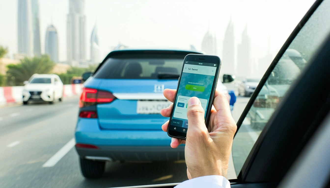 Driver using digital toll payment app in Dubai